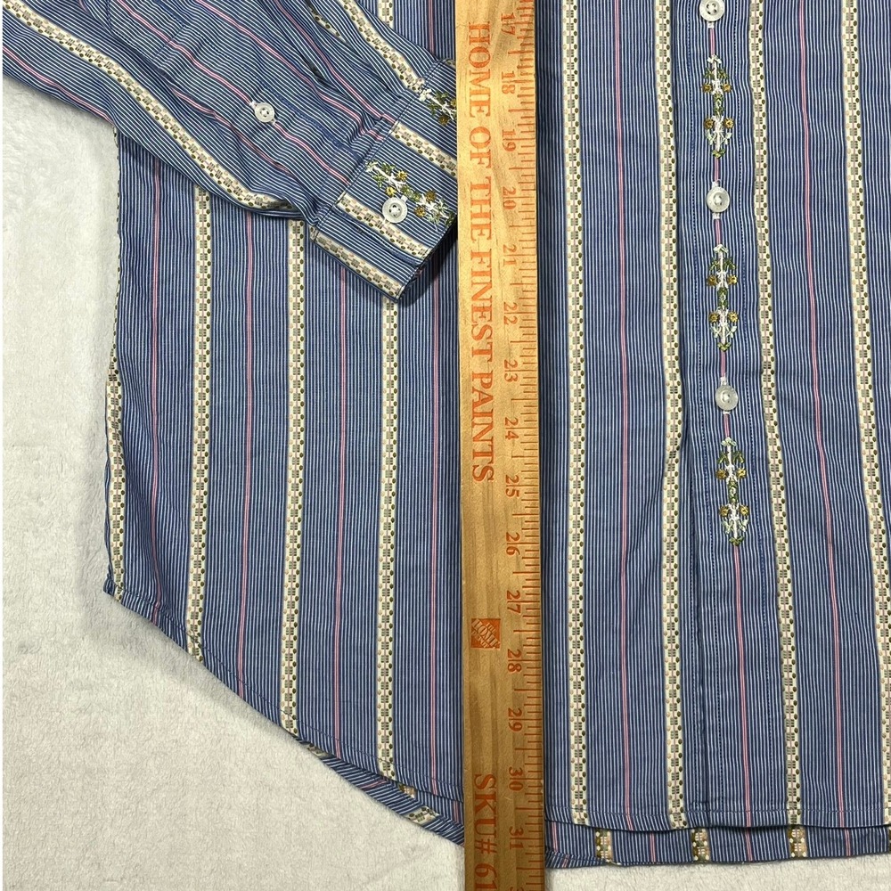 Robert Graham Button Front Shirt Mens Large Blue Striped Floral Embroidered L - Picture 7 of 12